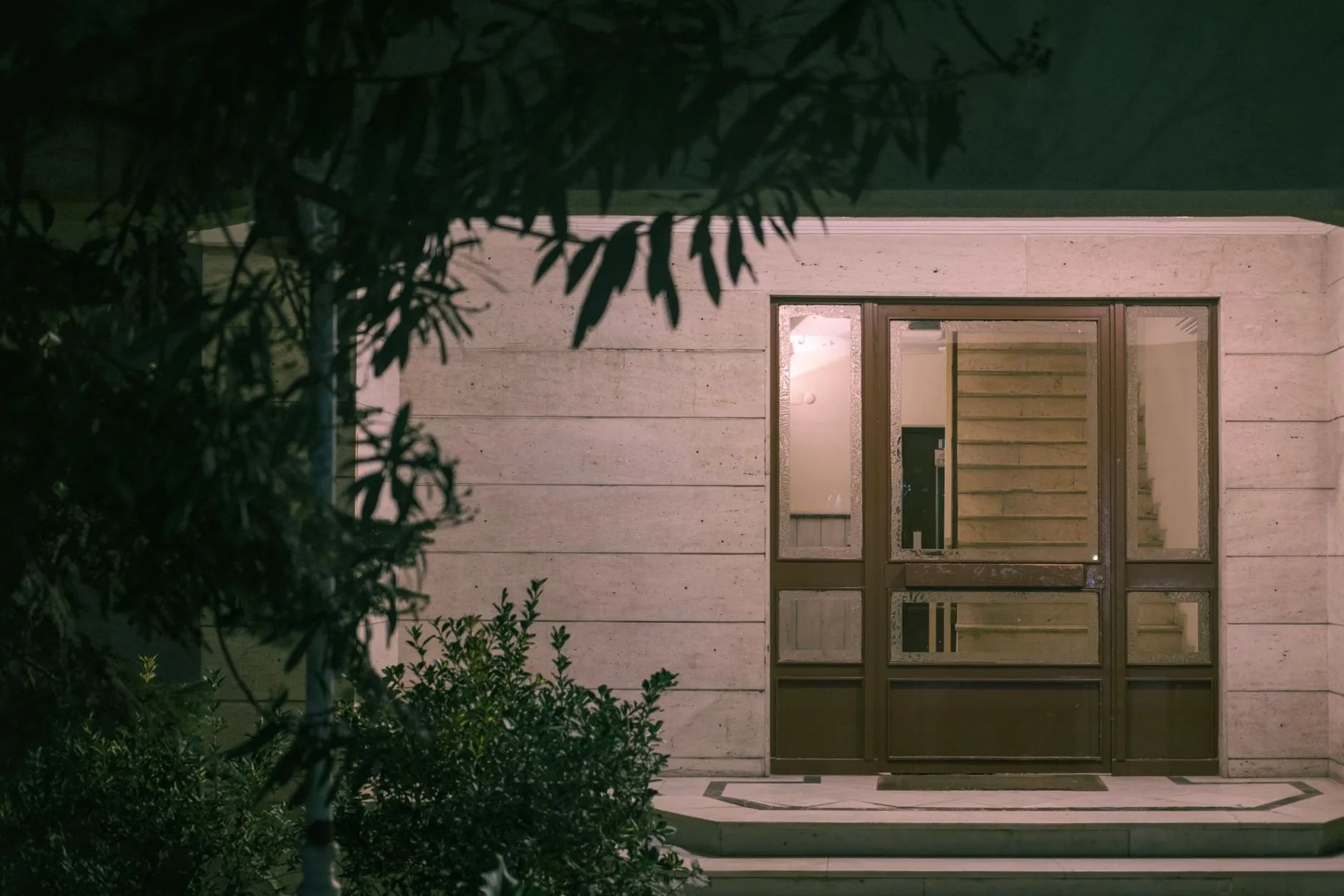 A glazed front door at dusk with a light on in the hallway behind it